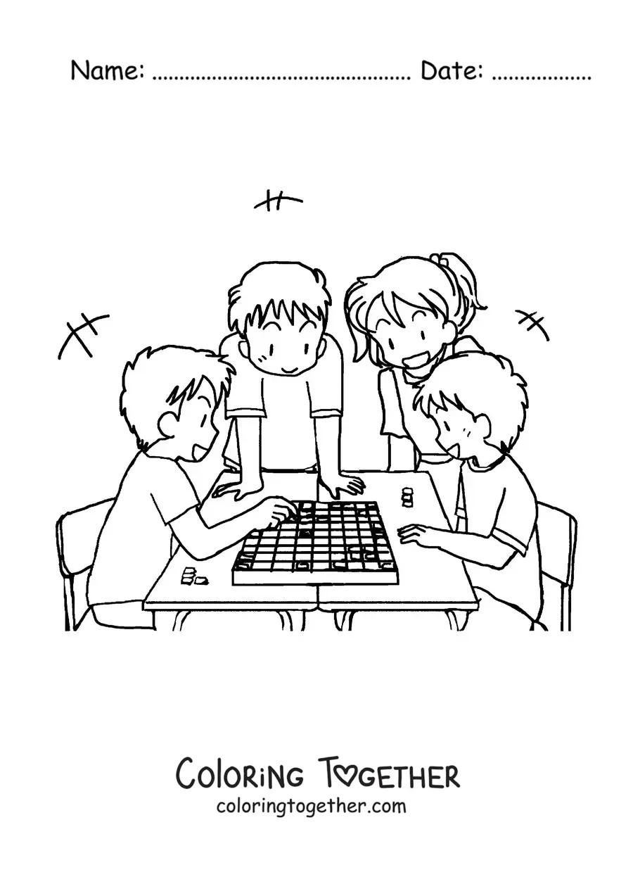 Coloring page of children playing Japanese chess