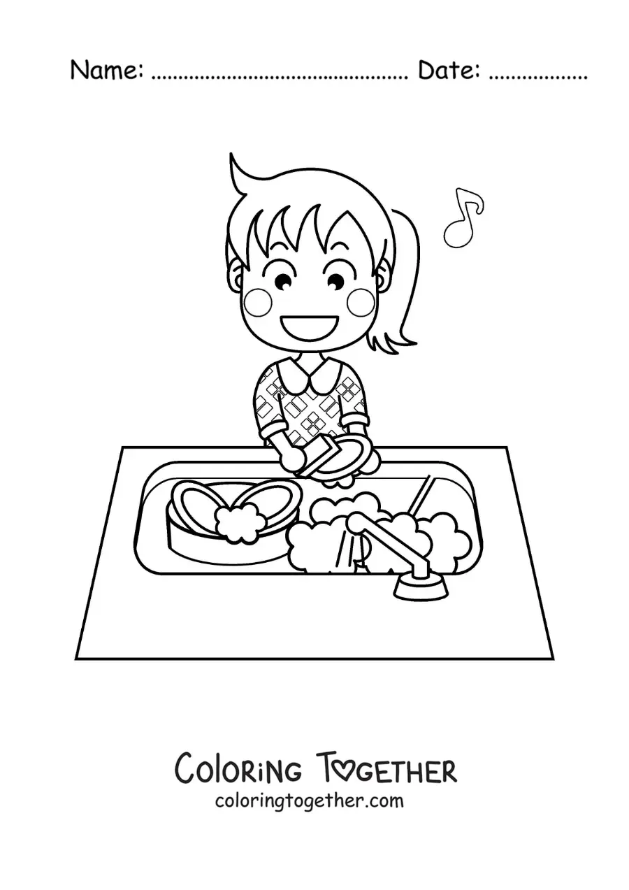 Coloring page of a girl singing while washing the dishes in the sink