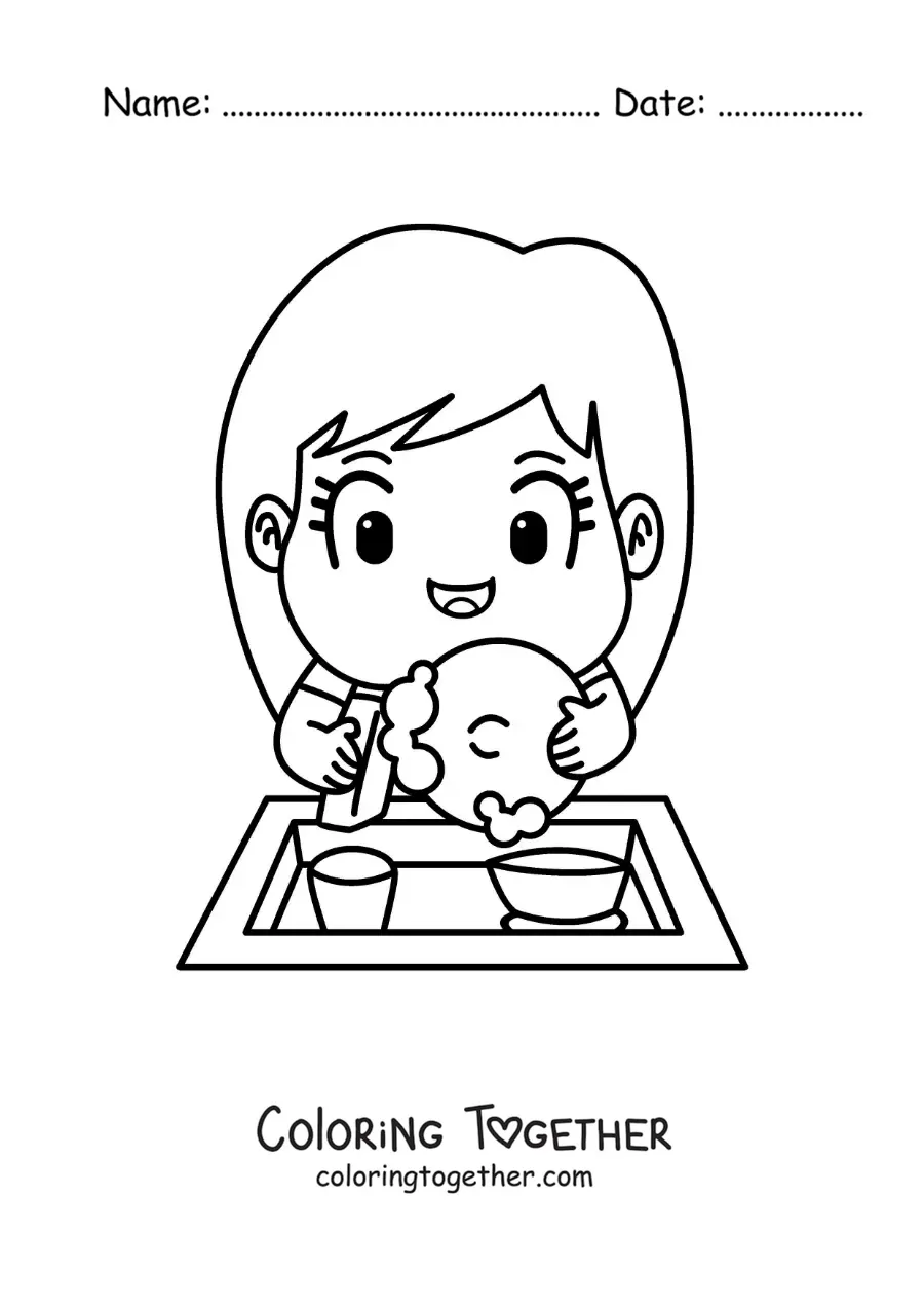 Coloring page of a cartoon girl washing dishes