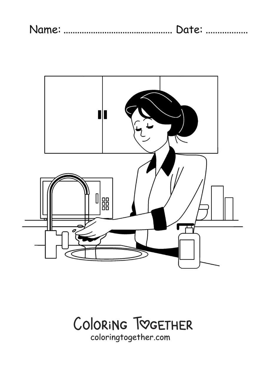 Coloring page of a mom washing dishes in the kitchen