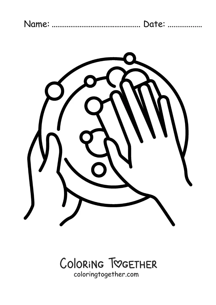 Coloring page of a pair of hands washing dishes with a sponge