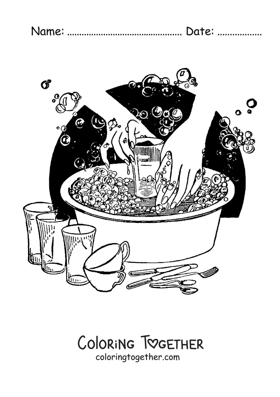 Coloring page of a pair of hands washing dishes in a tub