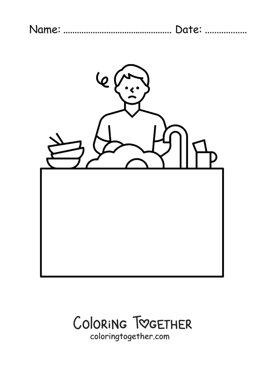 Coloring page of a man washing dishes in the sink