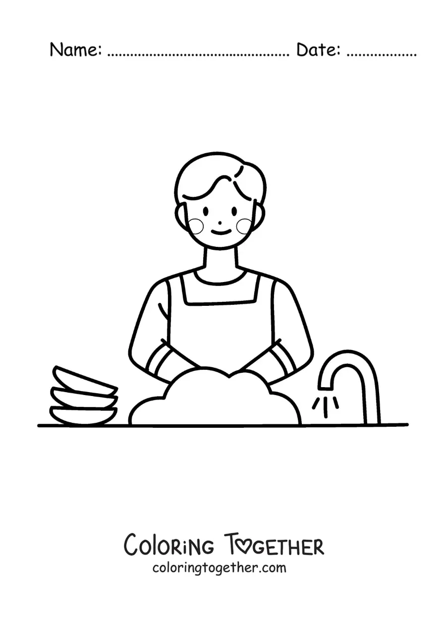 Coloring page of a dad washing dishes