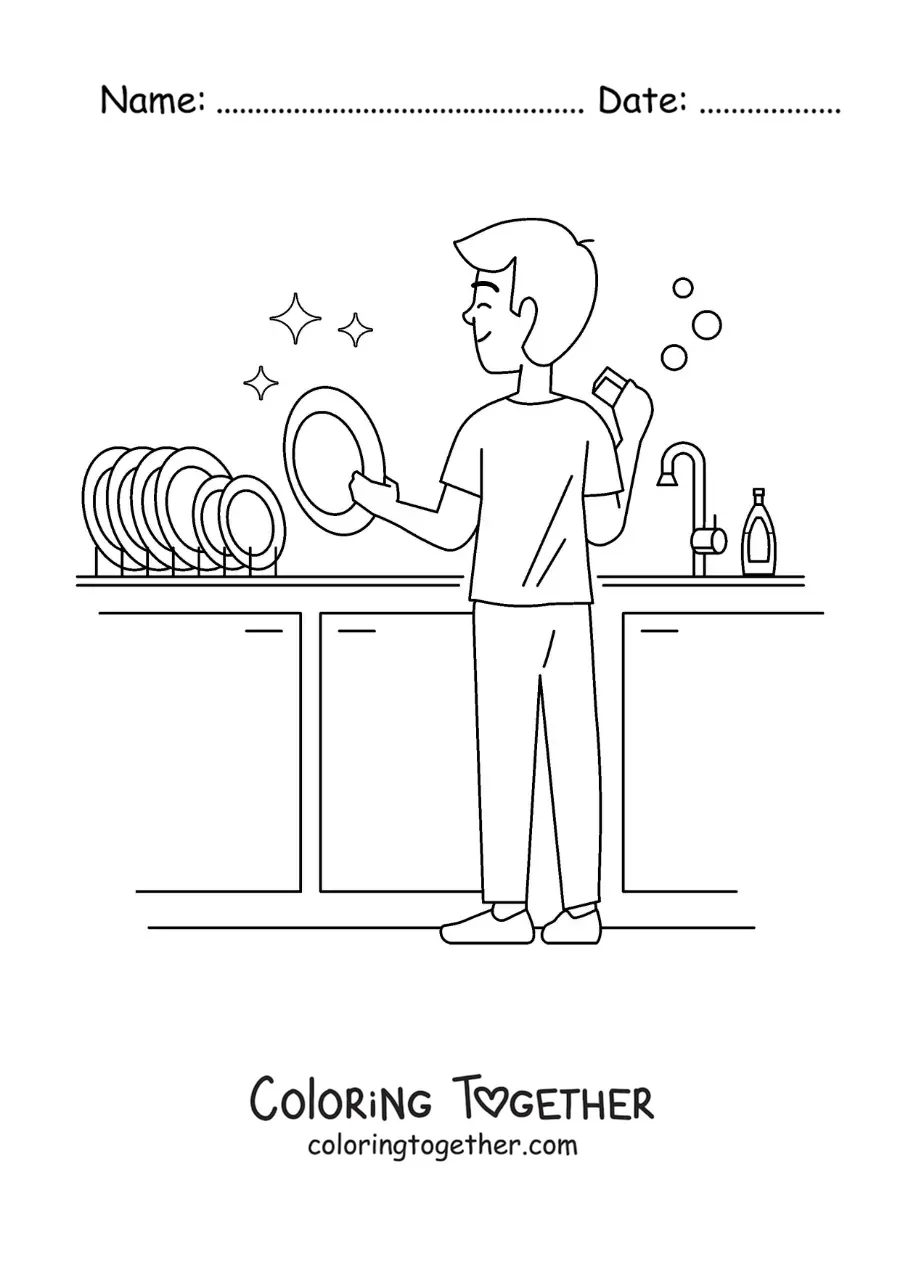 Coloring page of a father scrubbing dishes in the kitchen