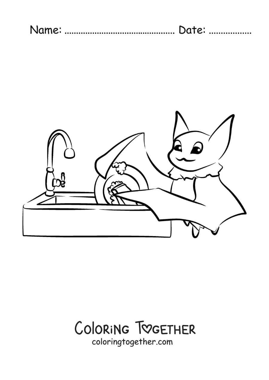 Coloring page of a bat washing the dishes in the sink