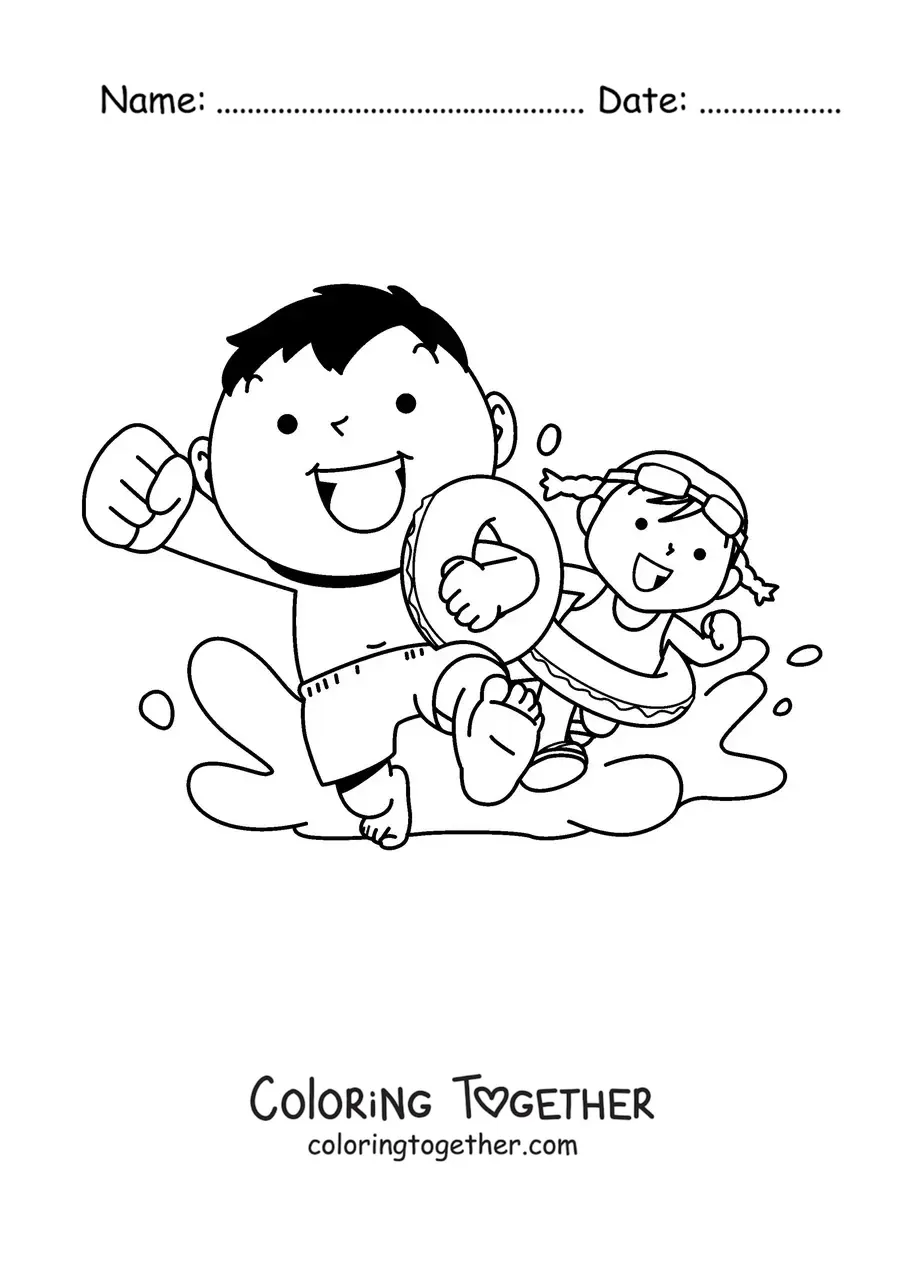 Coloring page of two children running to swim in the pool