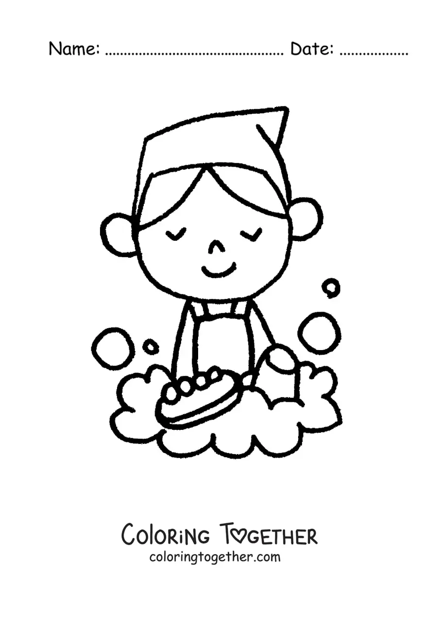 Coloring page of a boy washing dishes with a sponge