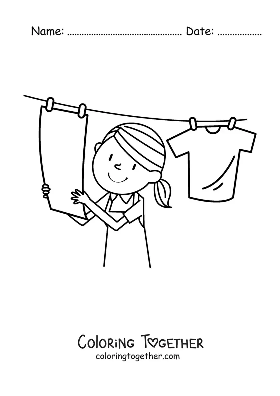 Coloring page of a girl hanging the clean clothes on the clothesline