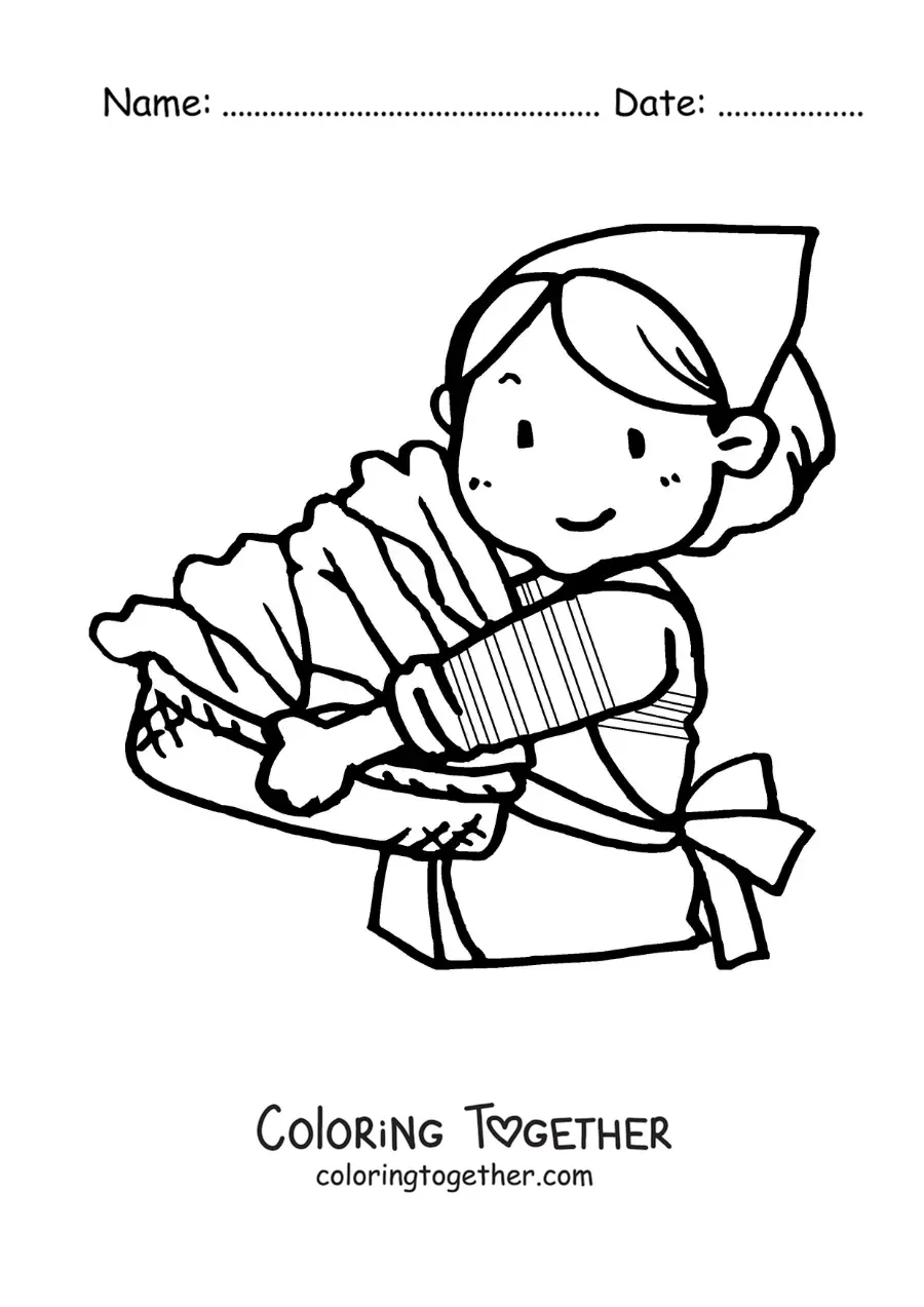 Coloring page of a housewife collecting the dirty laundry in a basket