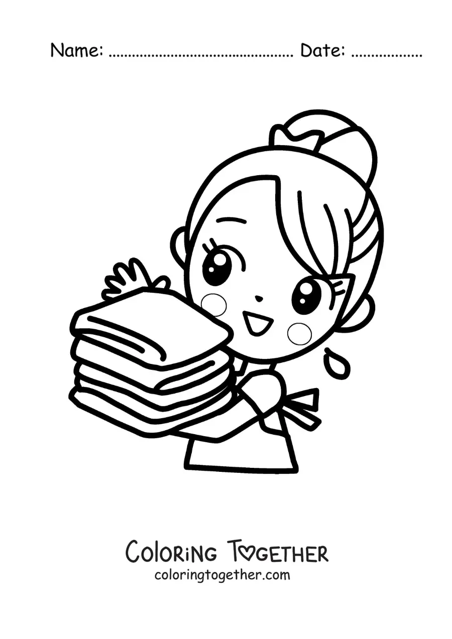 Coloring page of a kawaii girl carrying folded clean clothes