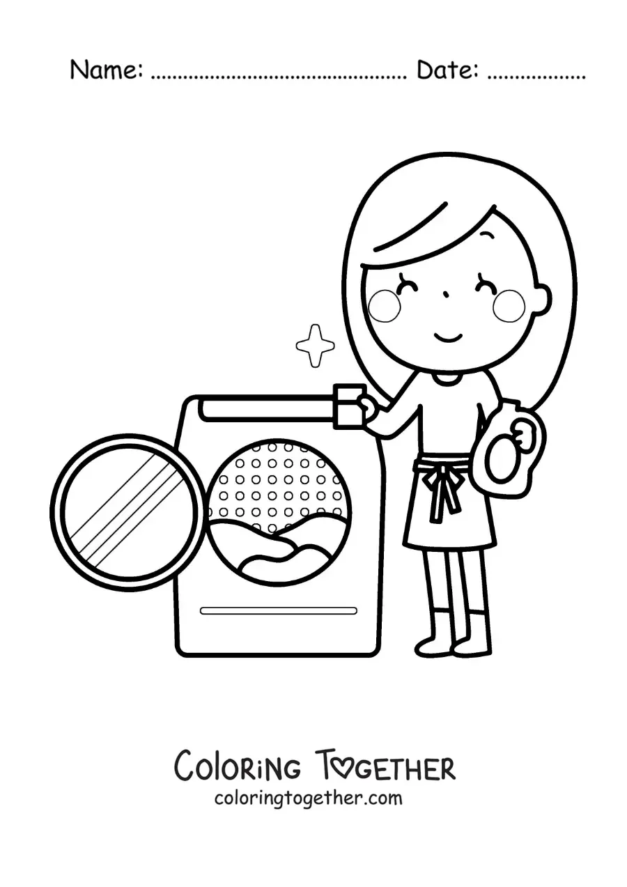 Coloring page of a cartoon mom washing clothes in the washing machine