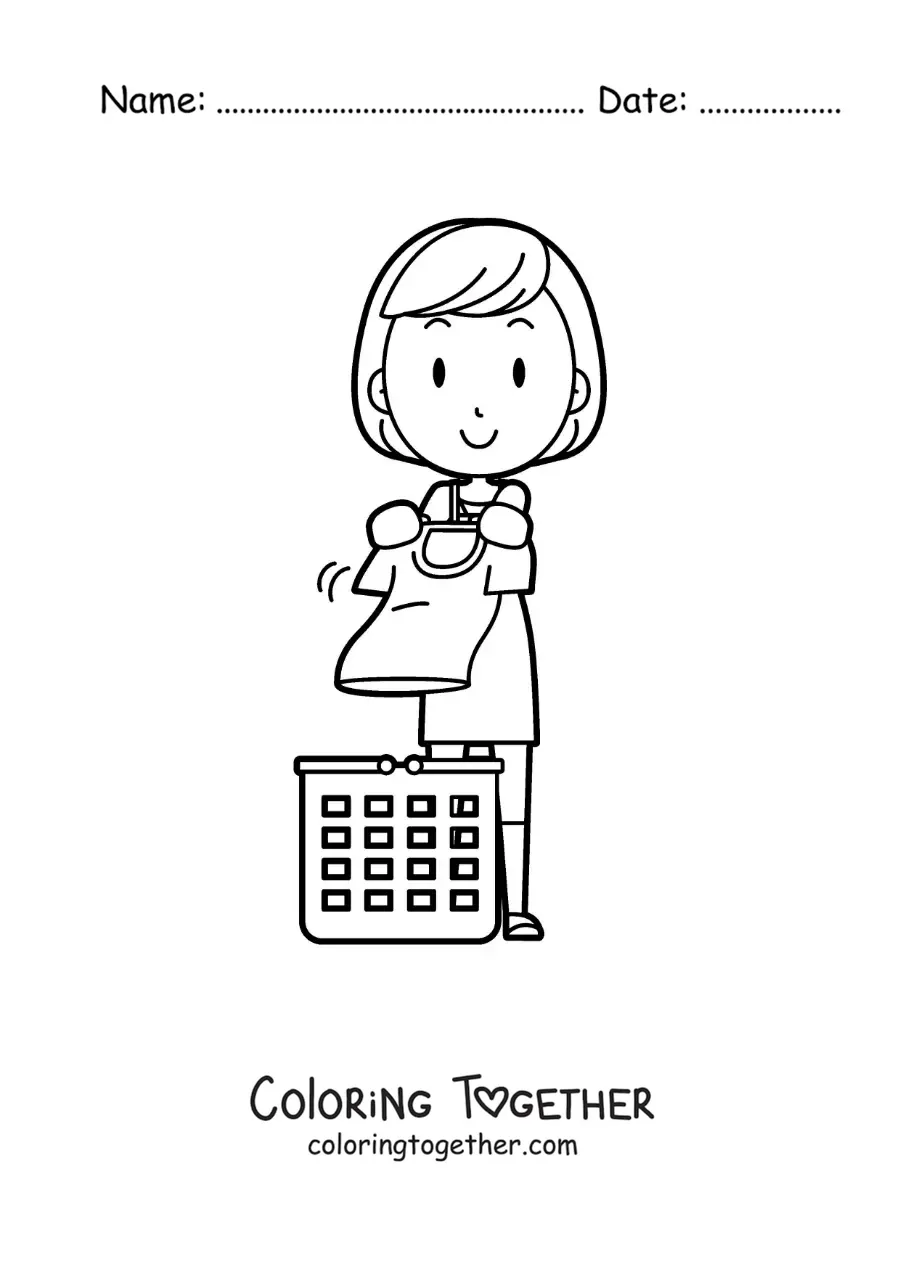 Coloring page of a woman with a basket of clean laundry