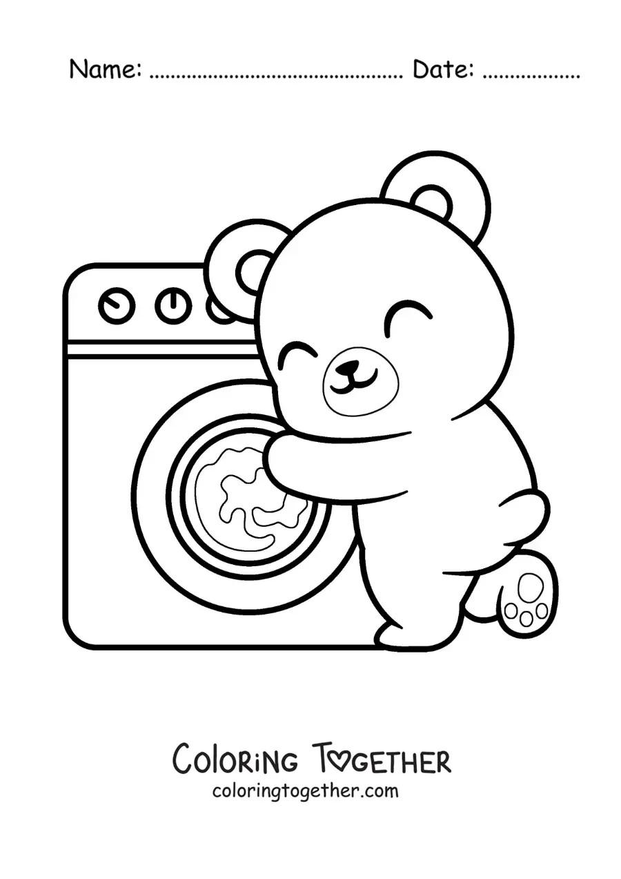 Coloring page of a cartoon bear washing clothes in the washing machine