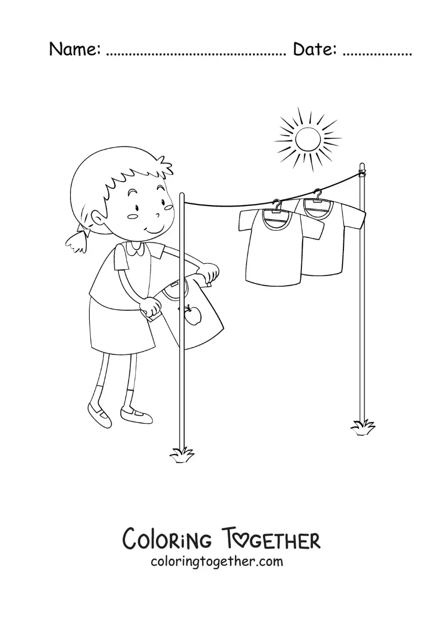 Coloring page of a cartoon girl drying clothes in the sun on the clothesline
