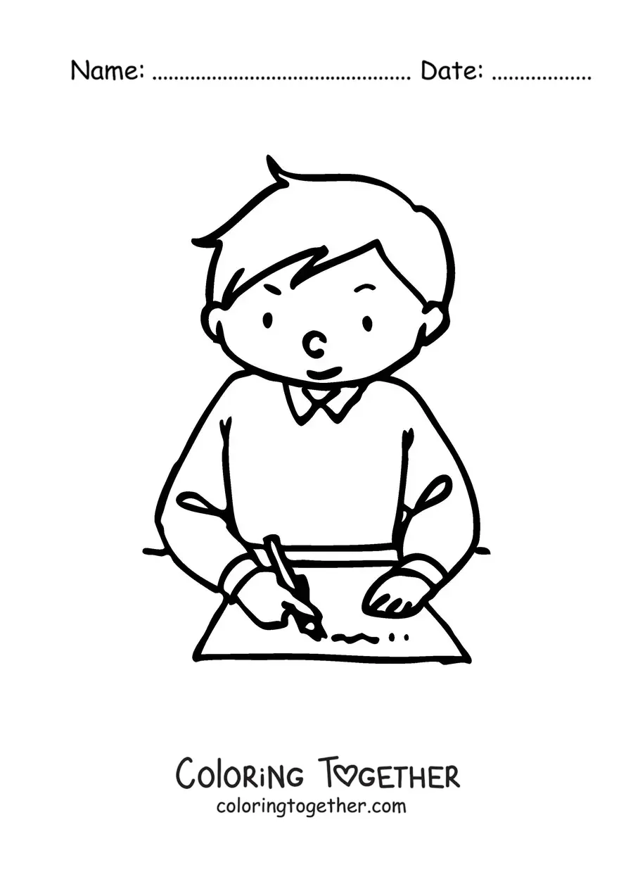 Coloring page of a boy studying