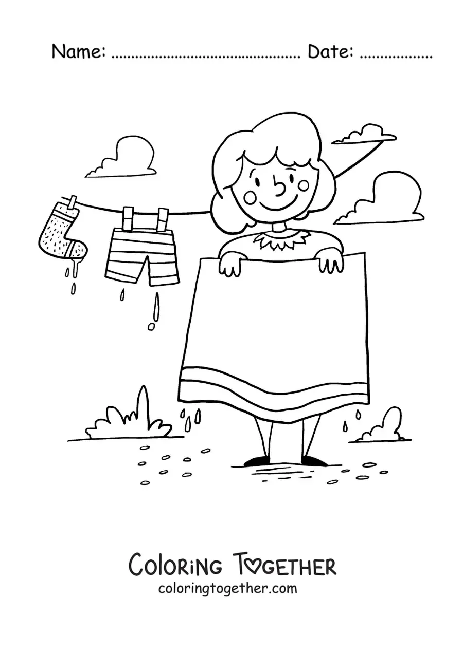 Coloring page of a mom hanging the washed laundry on the clothesline