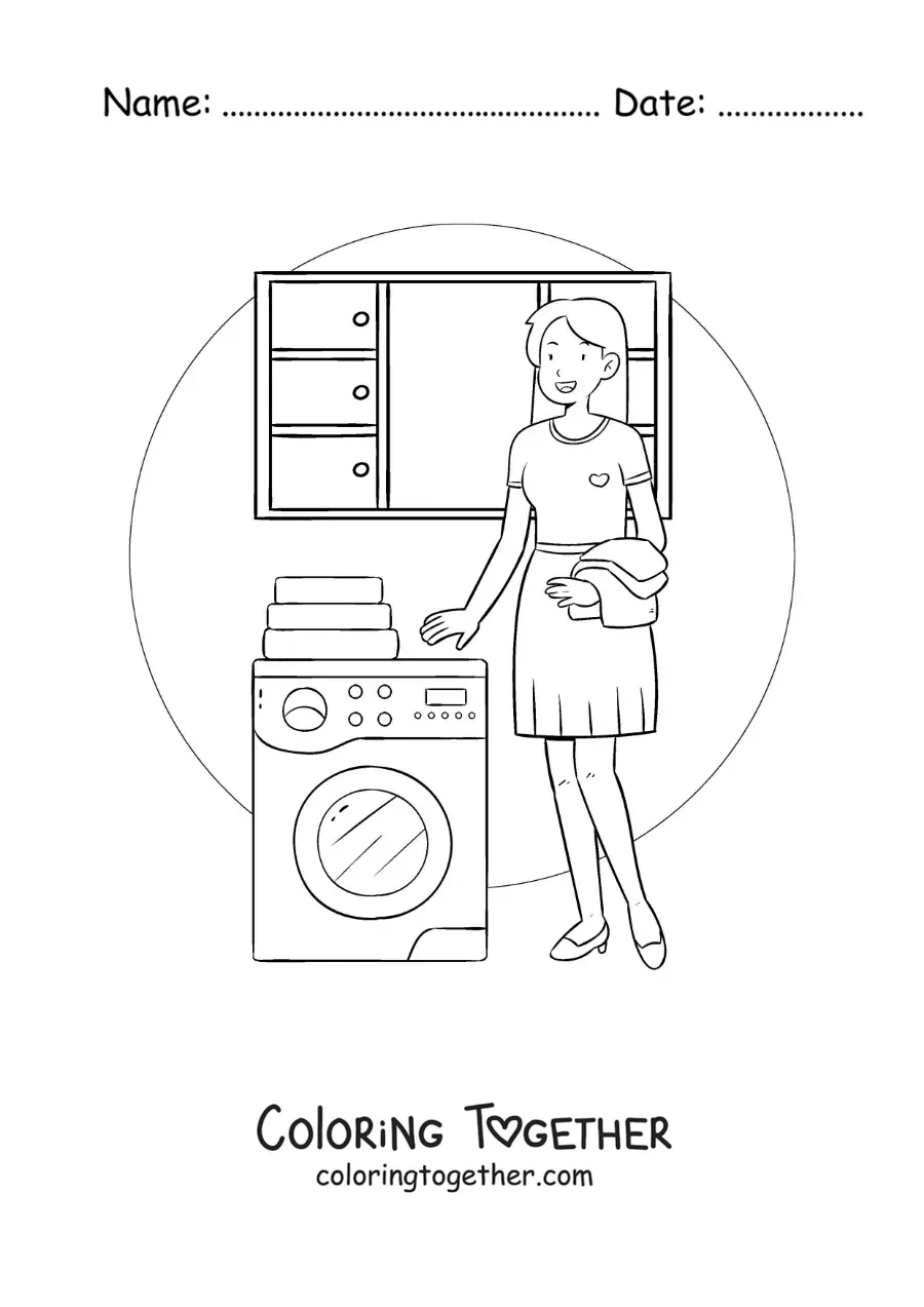 Coloring page of a housewife washing clothes in the washing machine