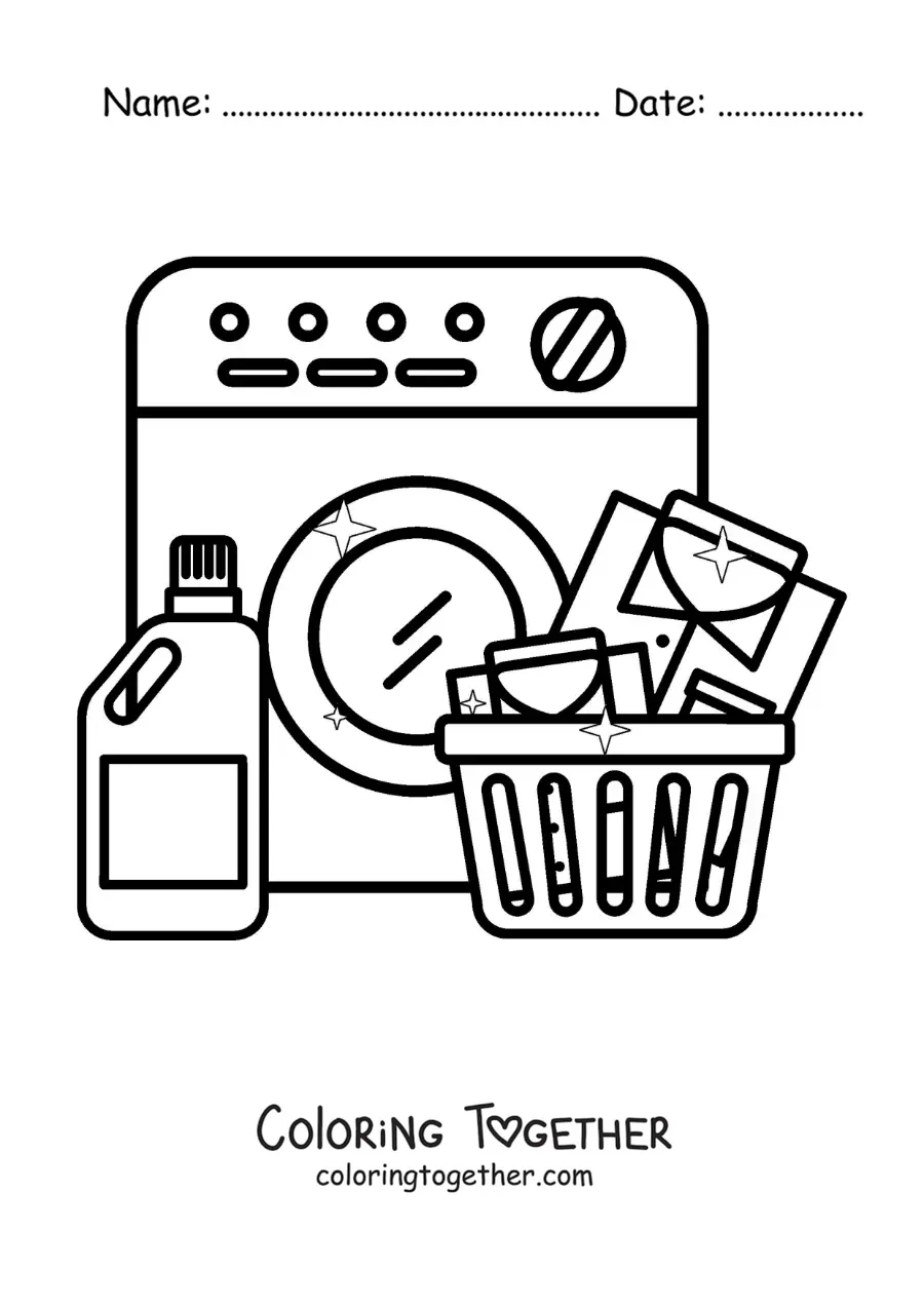 Coloring page of a washing machine and laundry soap