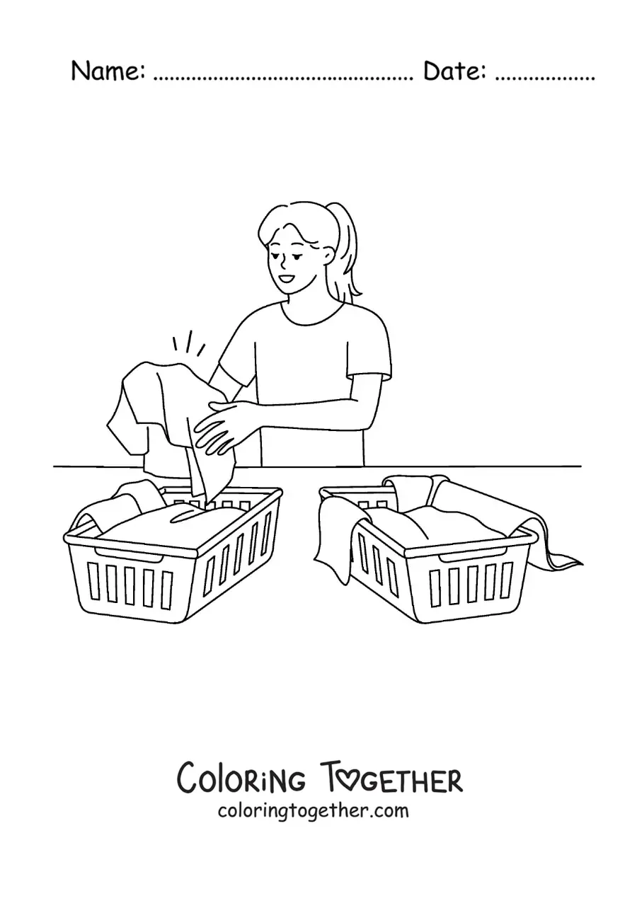 Coloring page of a girl sorting the clothes by color to wash them