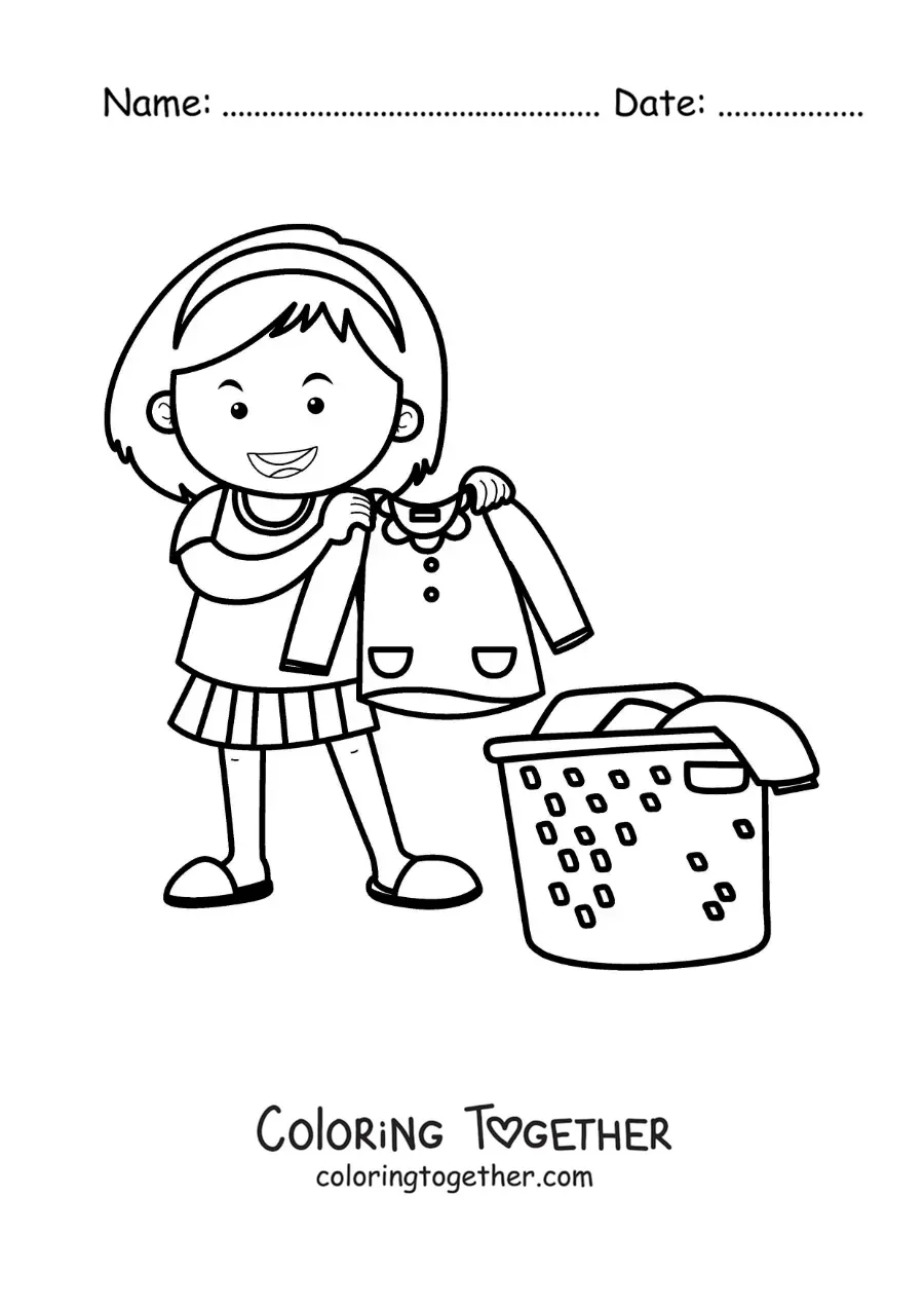 Coloring page of a girl collecting the washed laundry in a basket