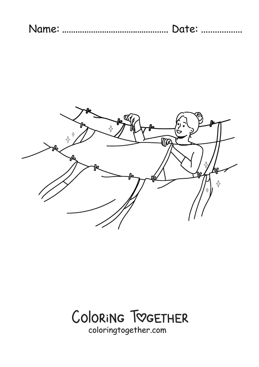 Coloring page of a woman hanging the clothes on a clothesline