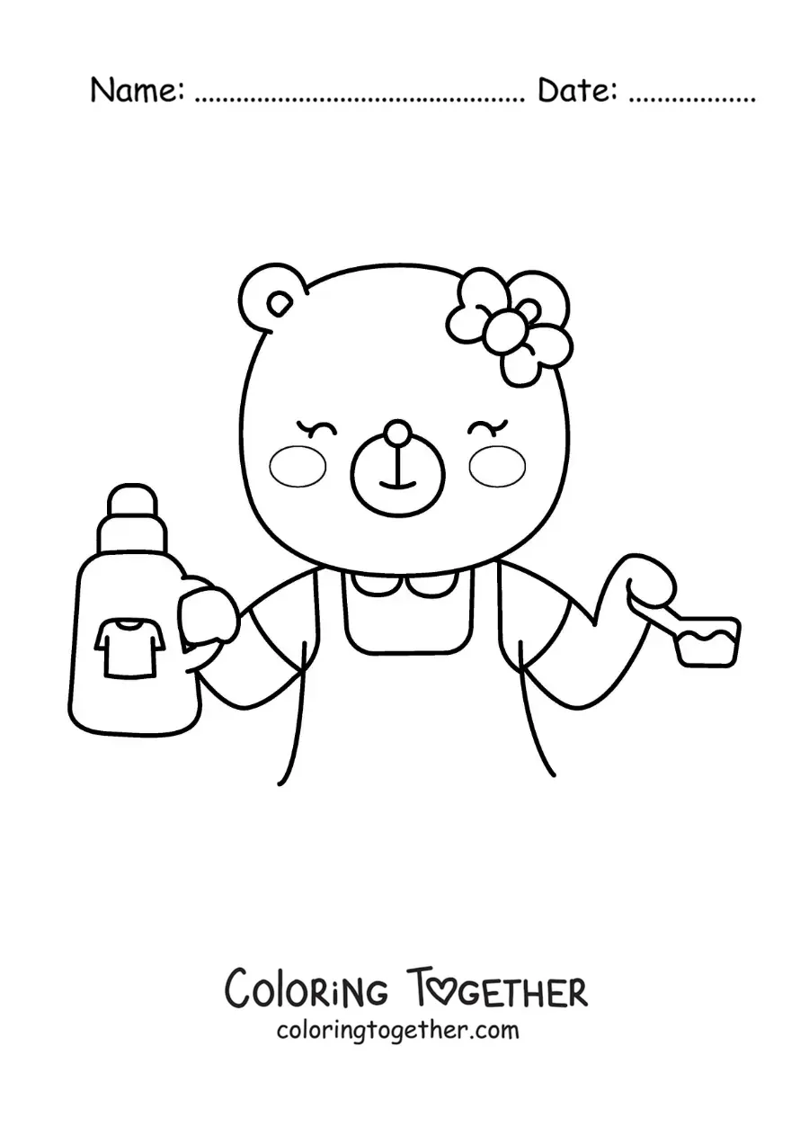 Coloring page of a cartoon bear with laundry soap