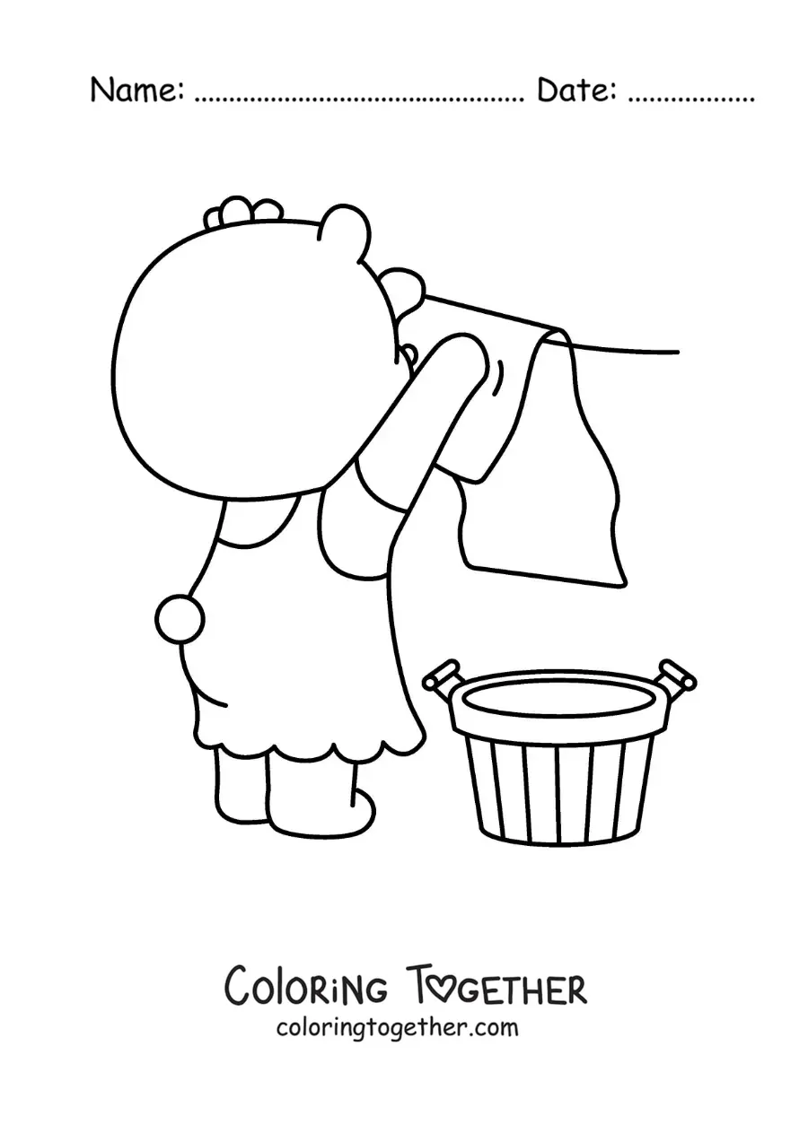 Coloring page of a cartoon bear hanging the clothes on a clothesline