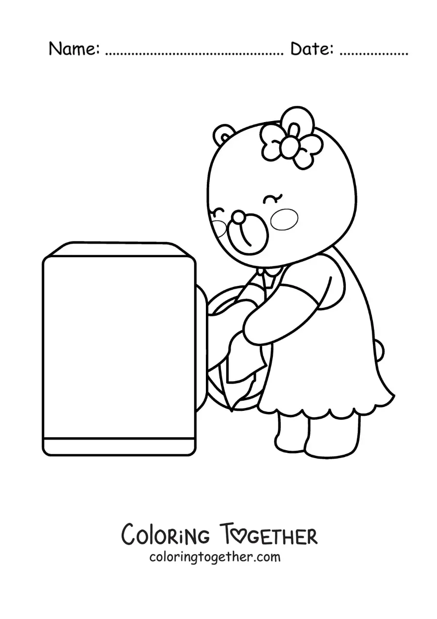 Coloring page of a cartoon bear washing clothes in the washing machine