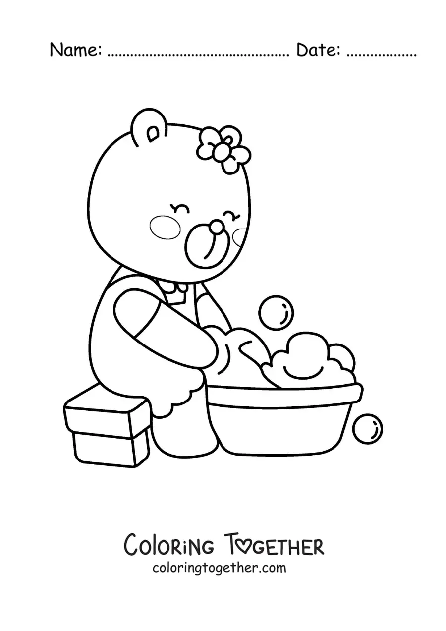 Coloring page of a cartoon bear washing clothes by hand