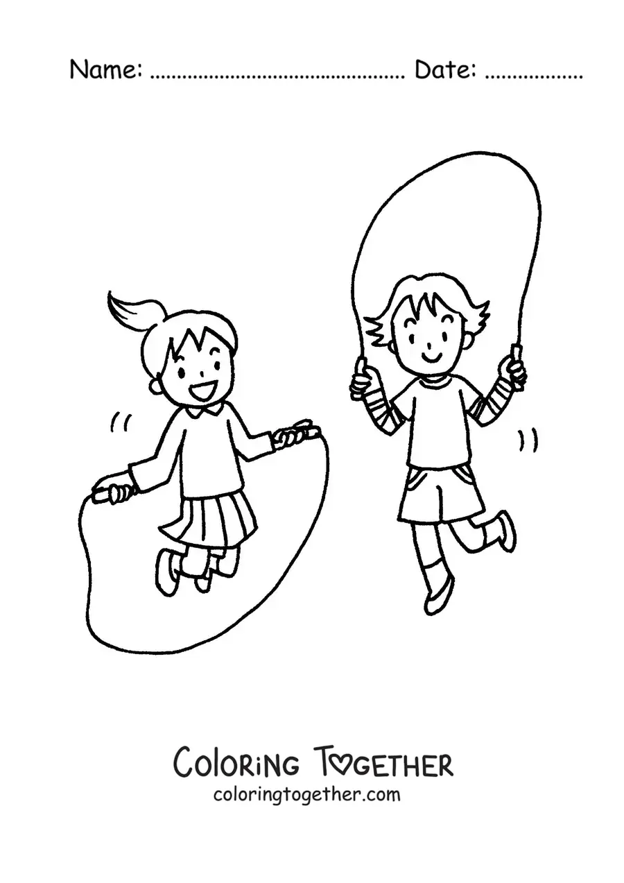 Coloring page of a couple of children jumping rope