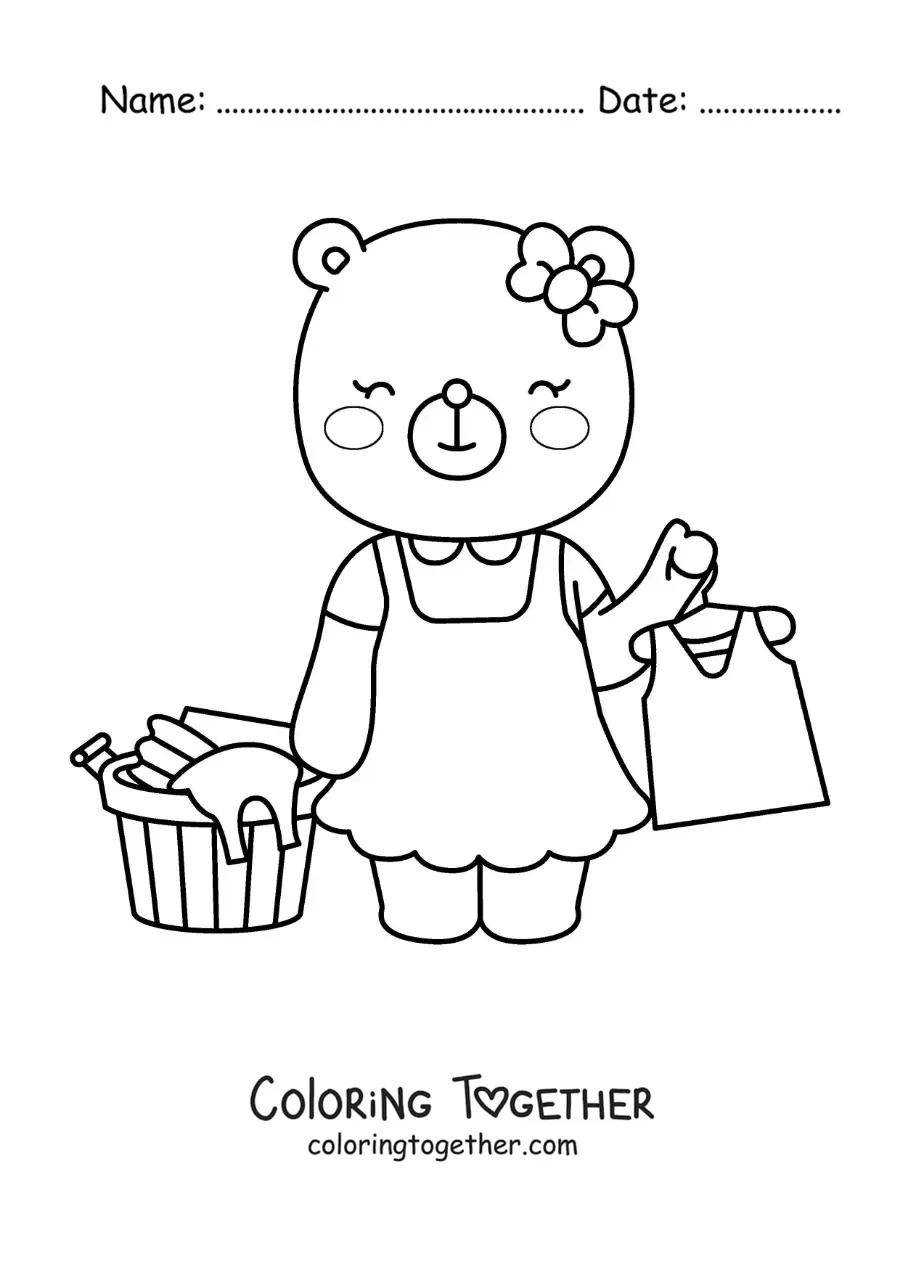 Coloring page of a cartoon bear hanging up the clean clothes