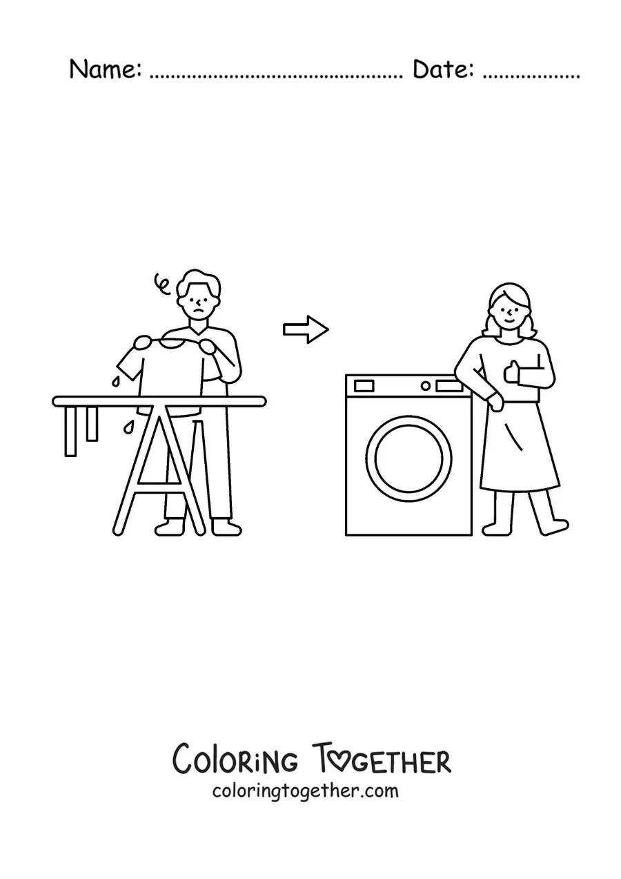 Coloring page of a man hanging clothes out to dry vs a woman with the clothes in the dryer