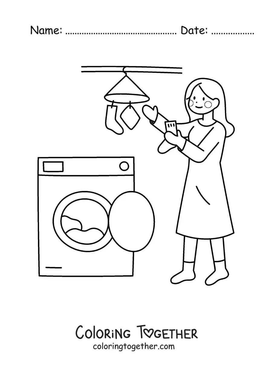 Coloring page of a woman taking the clothes out of the washing machine to hang them
