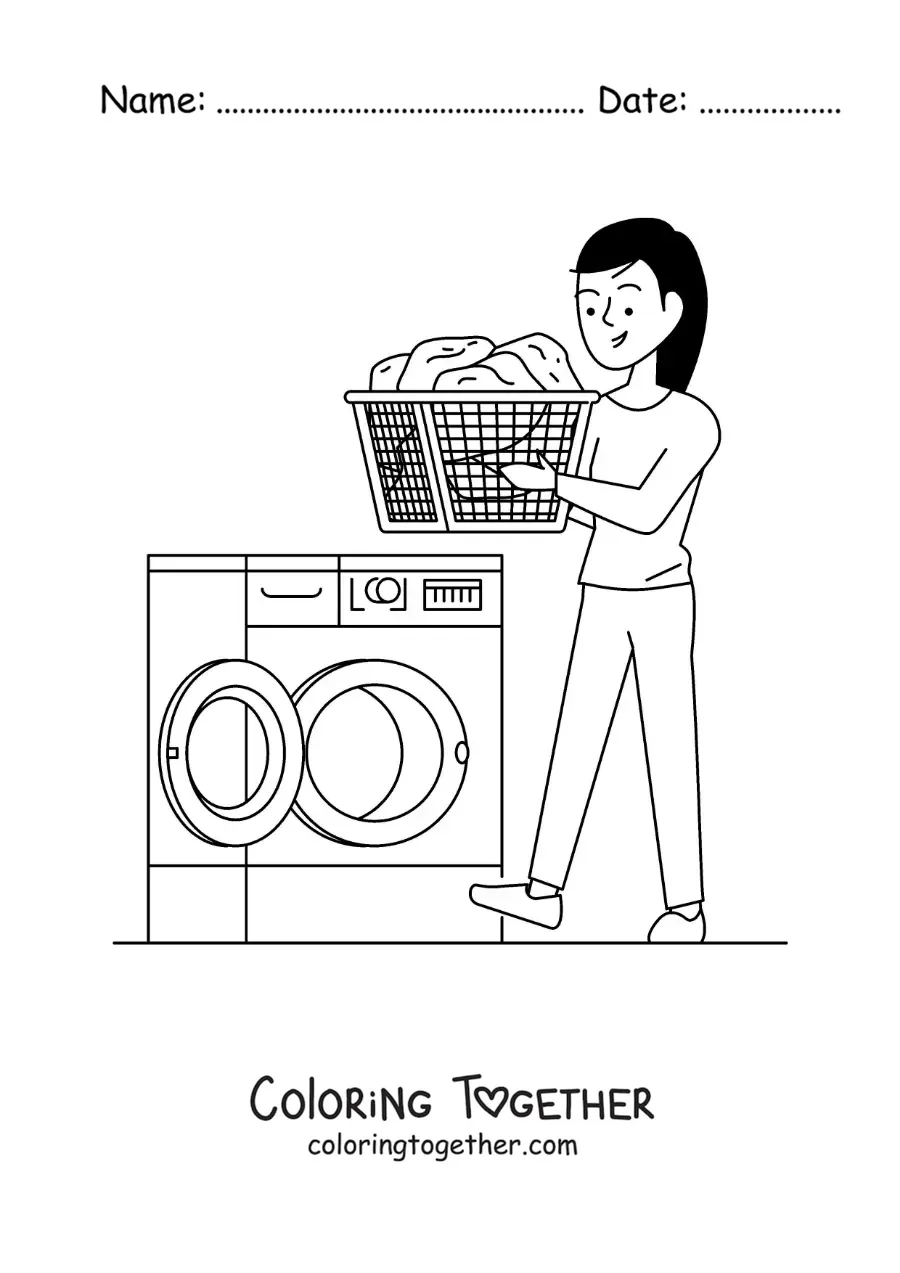 Coloring page of a girl carrying a basket of clothes to the washing machine