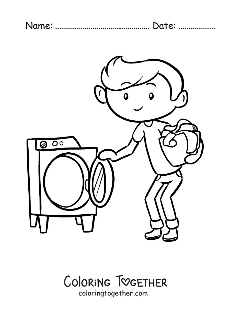 Coloring page of a cartoon boy carrying a basket of clothes to the washing machine