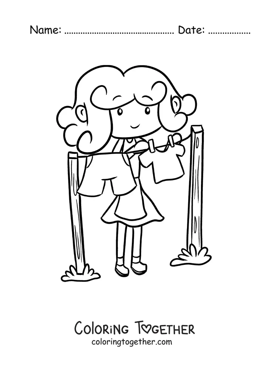 Coloring page of a cartoon young woman hanging the clothes on a clothesline