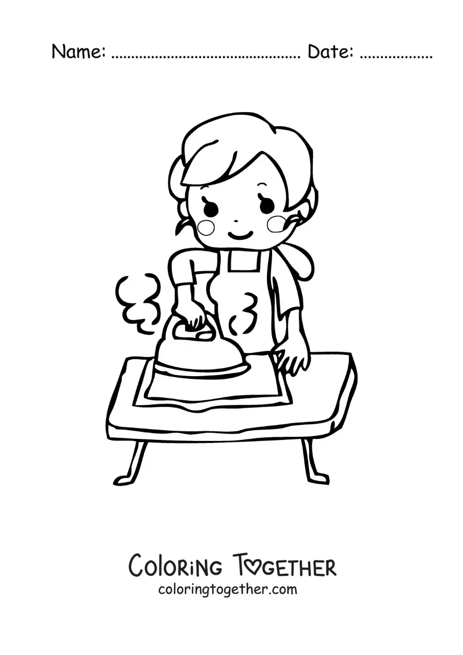 Coloring page of a kawaii cartoon mom ironing clothes