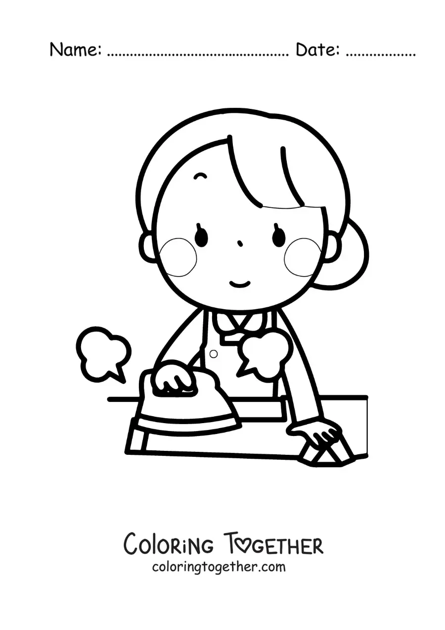 Coloring page of a kawaii woman ironing a shirt