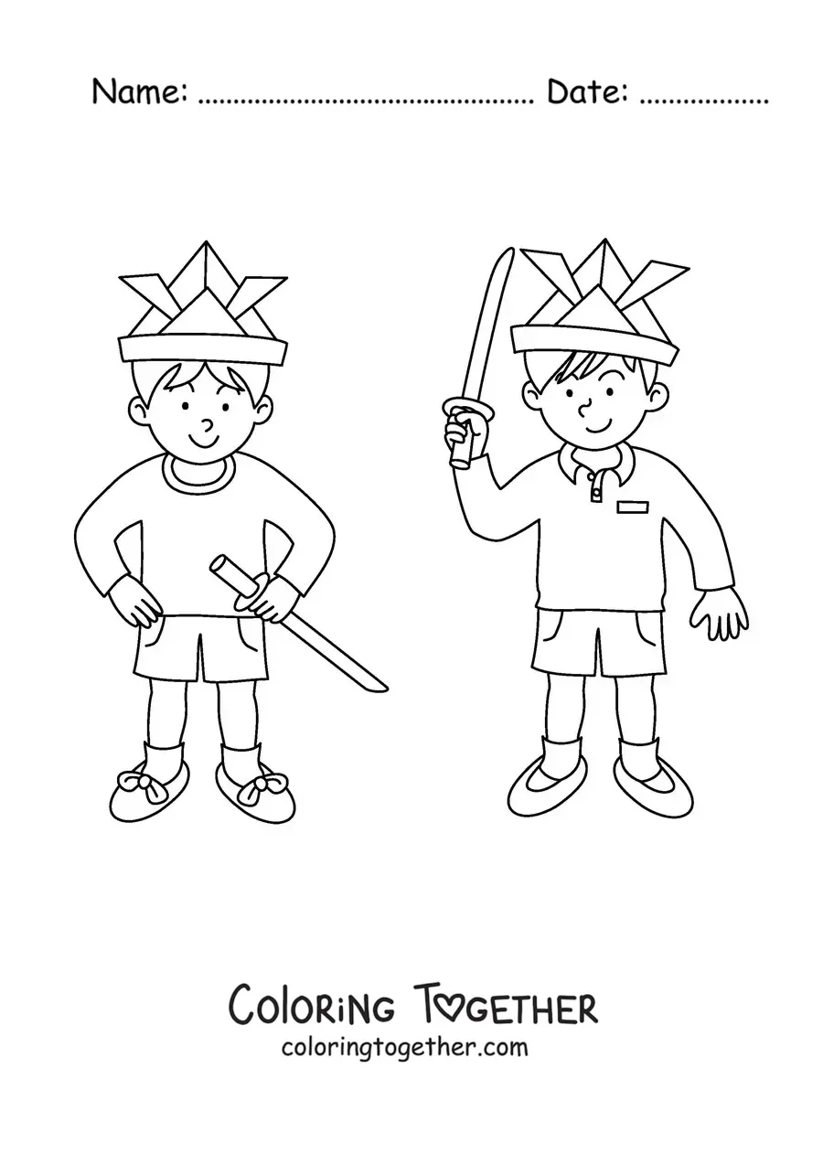 Coloring page of two children playing with toy swords