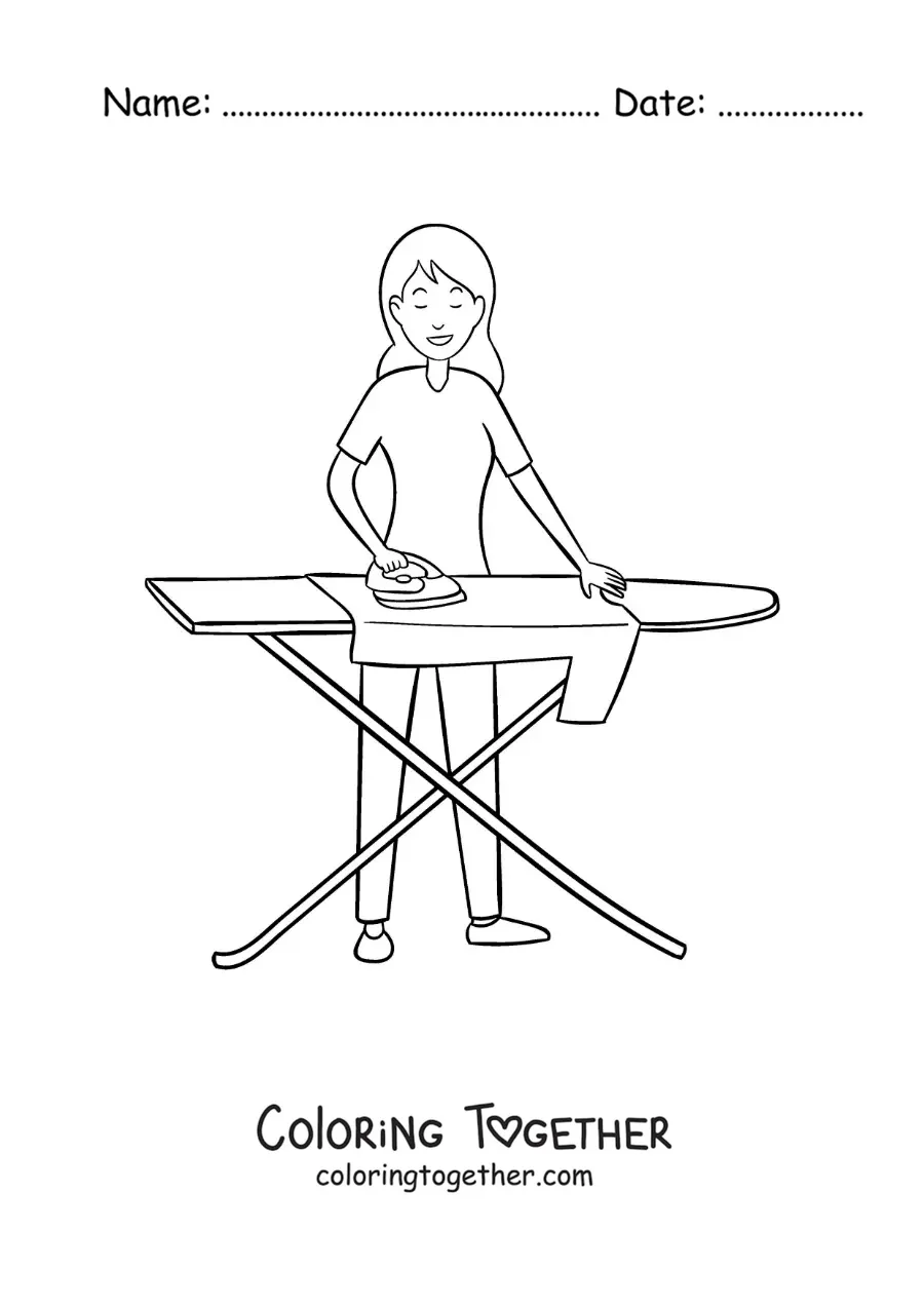 Coloring page of a girl ironing a shirt on an ironing board
