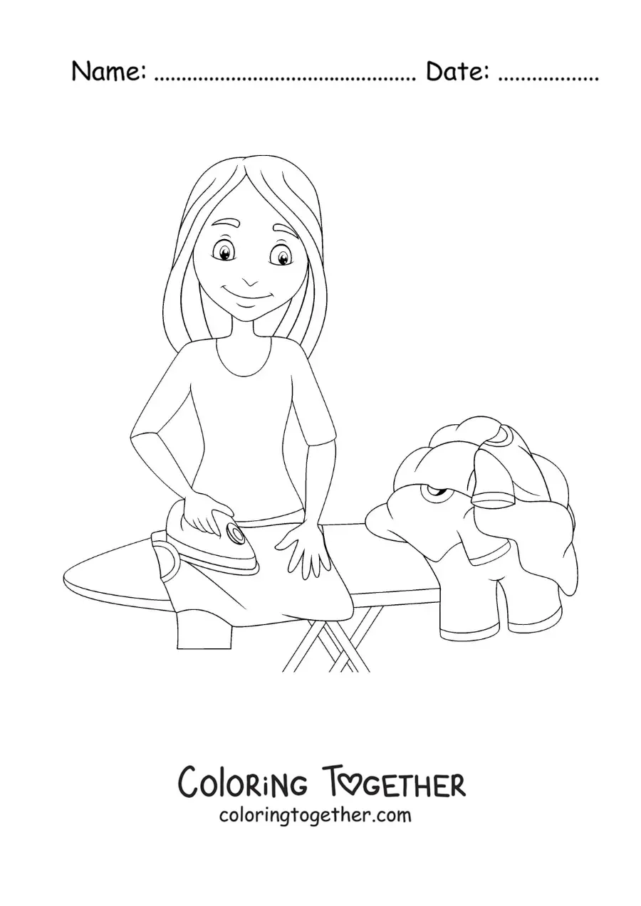 Coloring page of a young woman ironing clothes on an ironing board