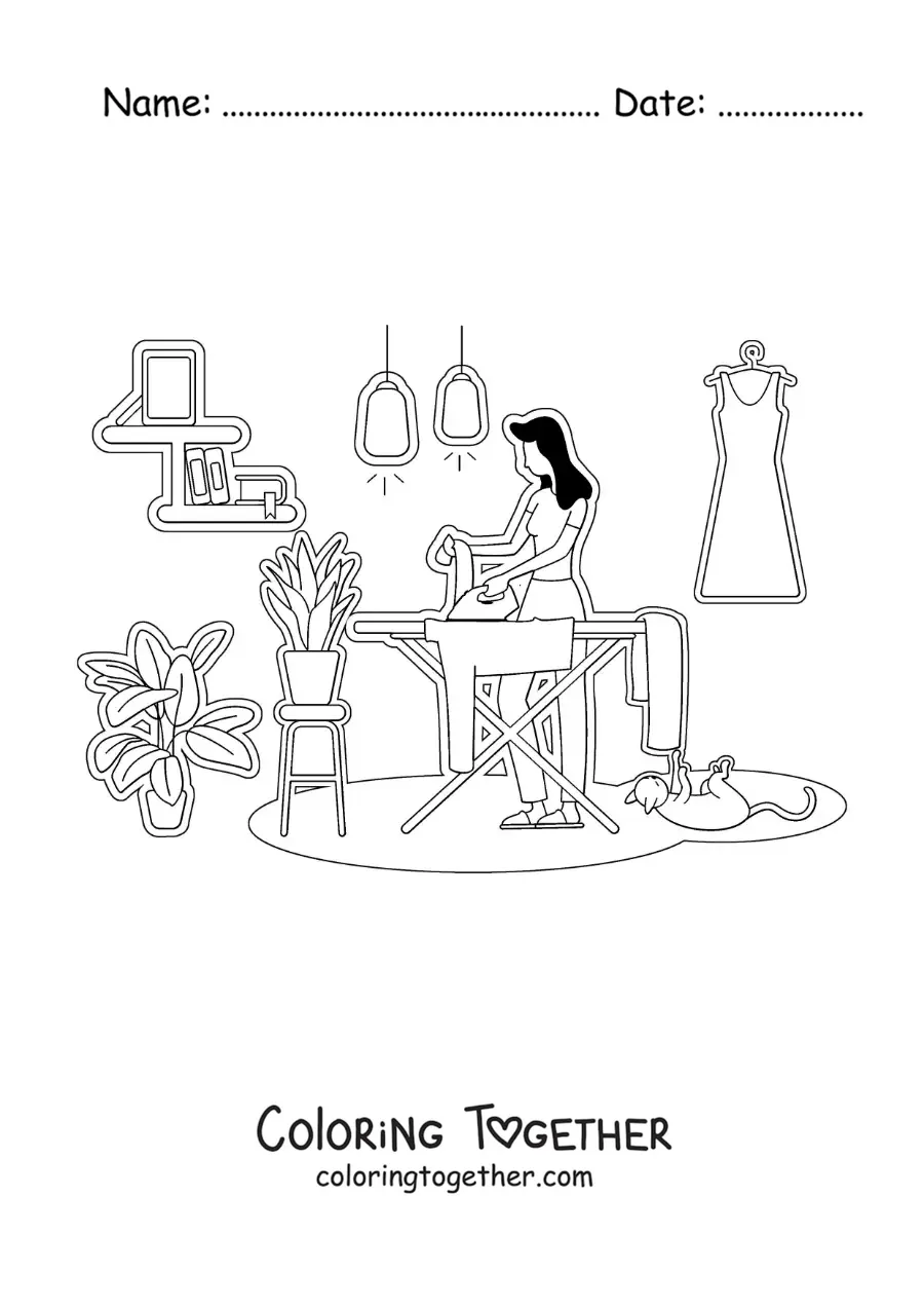 Coloring page of the silhouette of a woman ironing clothes at home