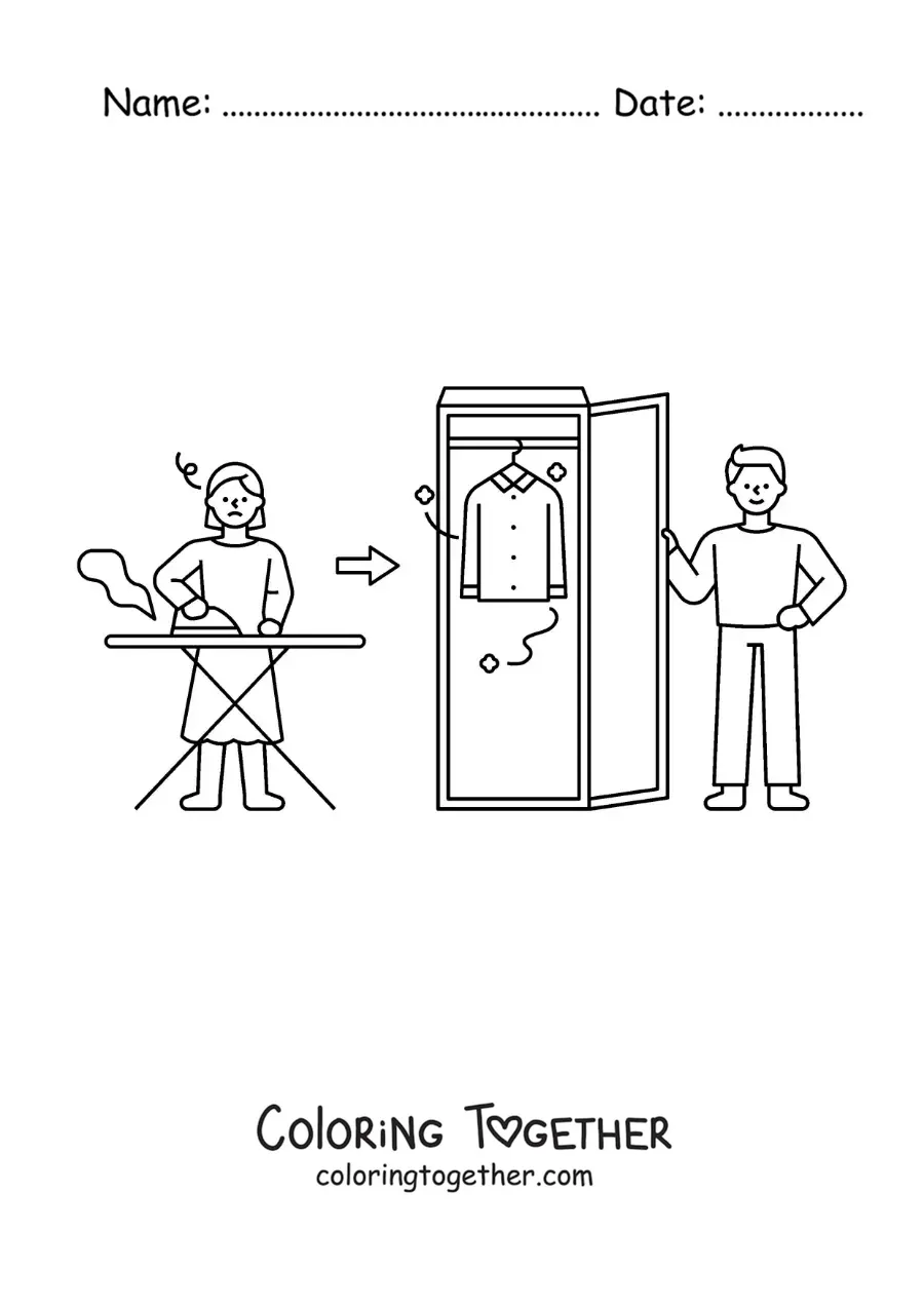 Coloring page of a woman ironing clothes to hang in the closet