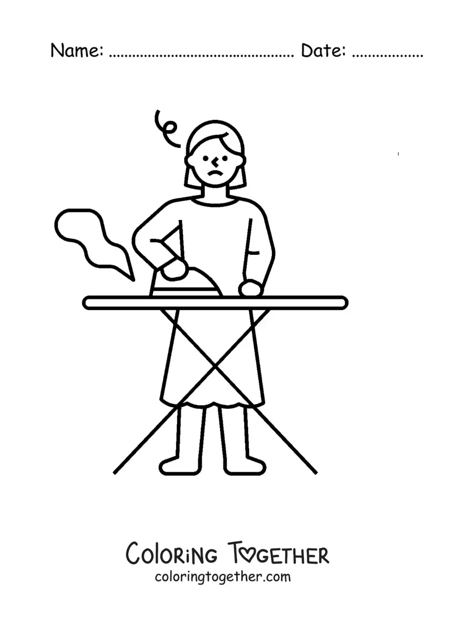 Coloring page of a woman ironing clothes on an ironing board