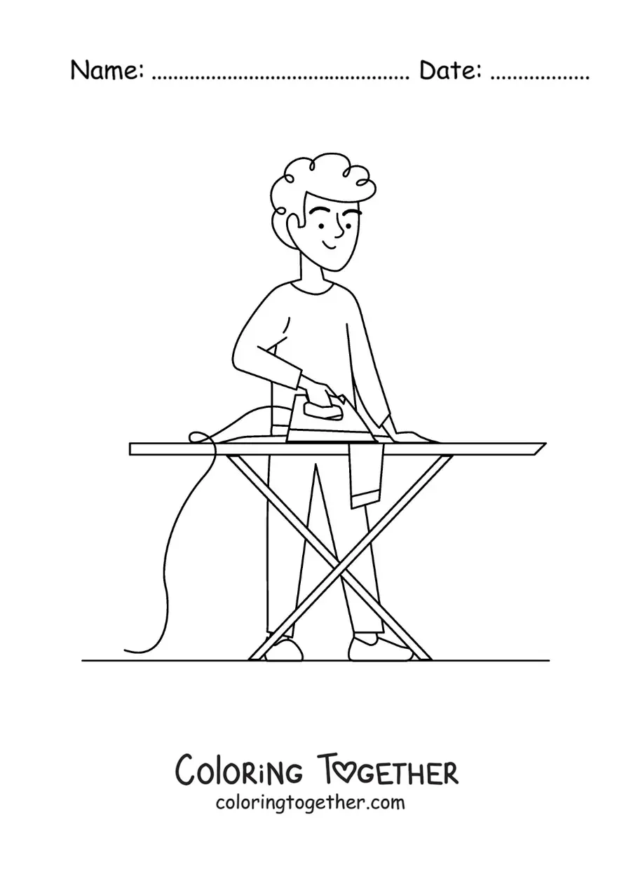 Coloring page of a young boy ironing clothes on an ironing board