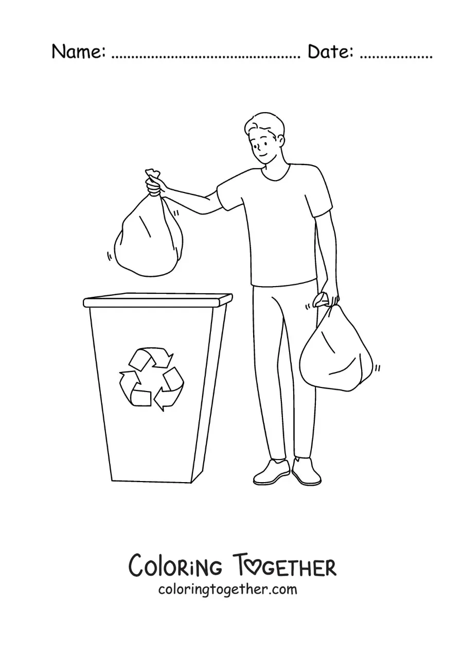 Coloring page of a boy carrying trash bags to a recycling bin
