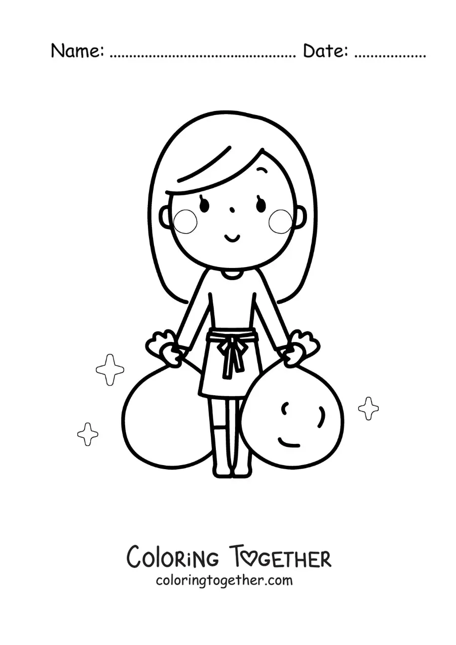Coloring page of a girl taking out the trash
