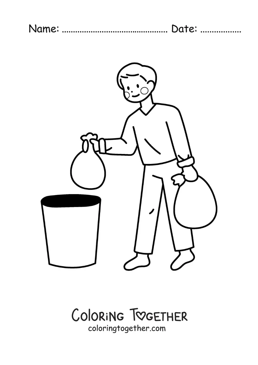 Coloring page of a man taking out the trash at home
