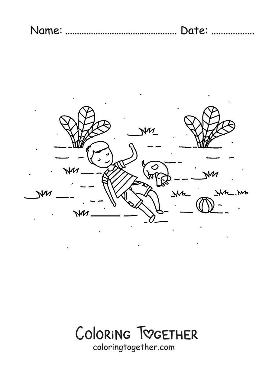 Coloring page of a boy lying on the grass next to a dog in a garden